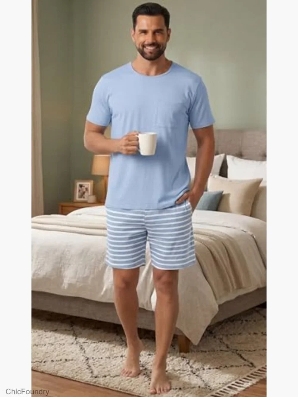 Men's Short Sleeve Pajama Set 2 Piece Henley Loungewear with Pockets
